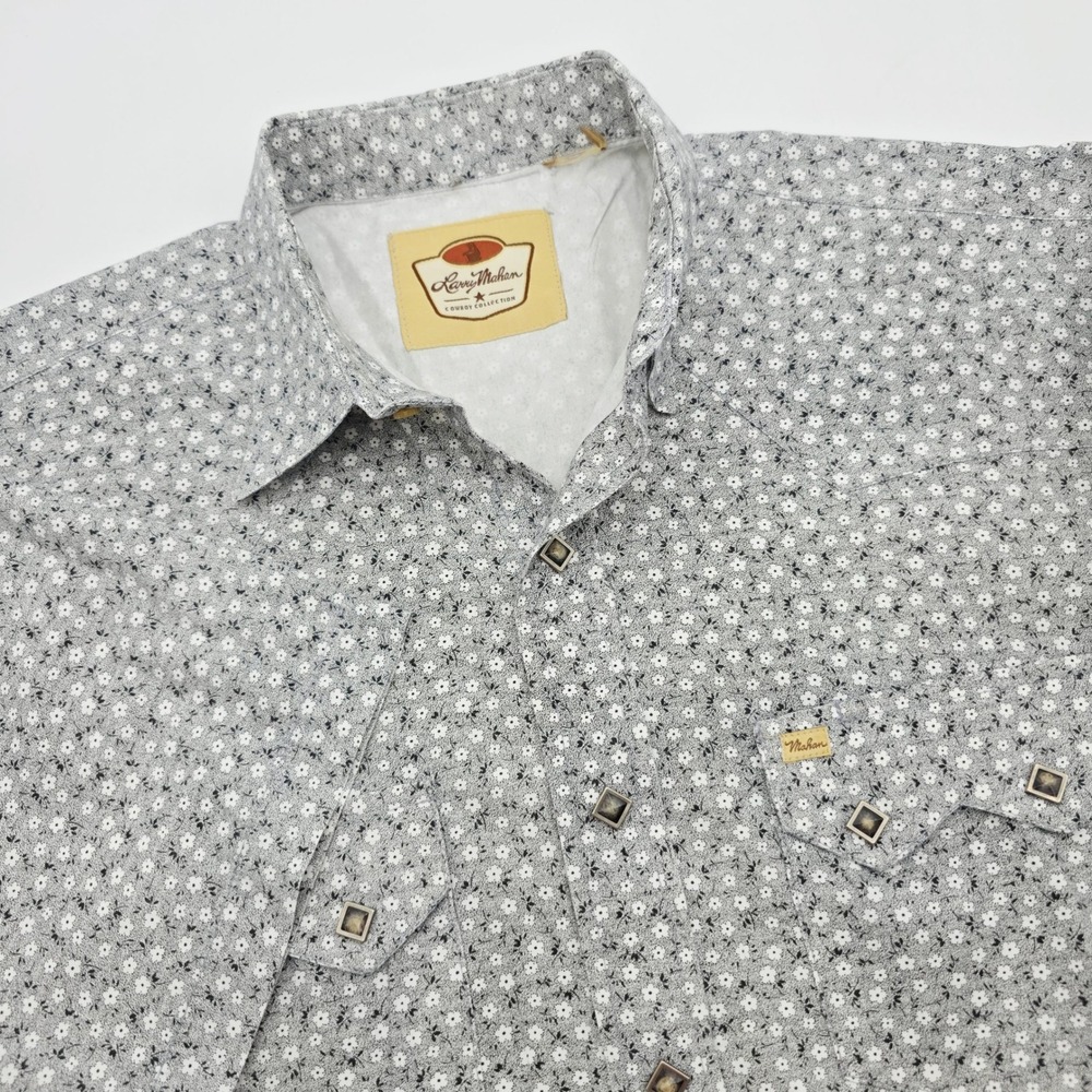 Larry Mahan Cowboy Collection Mens L Short Sleeve Western Floral Snap Shirt Gray